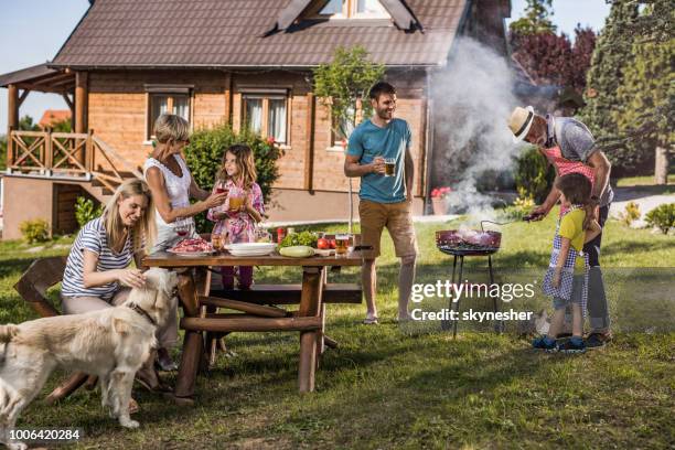 happy extended family enjoying in barbecue party in the backyard. - family barbeque garden stock pictures, royalty-free photos & images