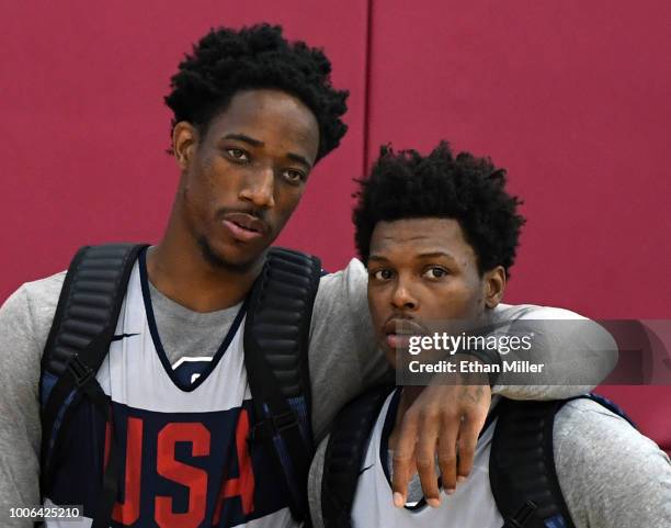 DeMar DeRozan and Kyle Lowry of the United States attend a practice session at the 2018 USA Basketball Men's National Team minicamp at the Mendenhall...
