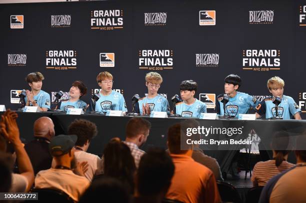 The London Spitfire team attends a press conference at Overwatch League Grand Finals - Day 1 at Barclays Center on July 27, 2018 in New York City.