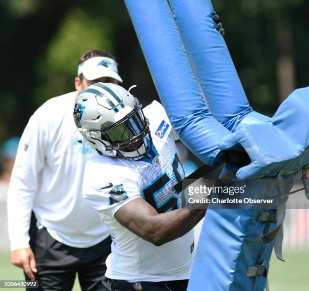 Carolina Panthers linebacker Thomas Davis hits a tackling dummy during training camp practice at Wofford College in Spartanburg, S.C., on Friday,...