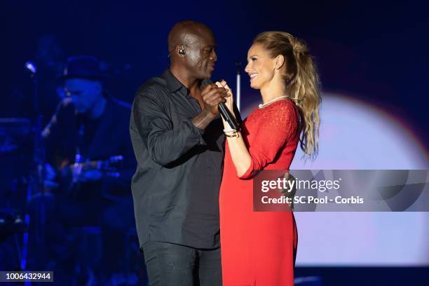 Seal and Adriana Karembeu on stage during the 70th Monaco Red Cross Ball Gala on July 27, 2018 in Monte-Carlo, Monaco.