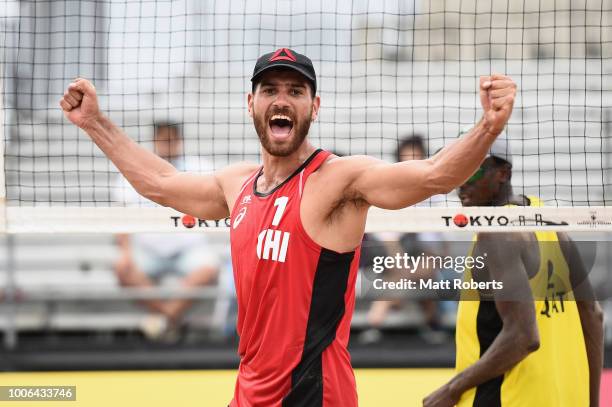 Marco Grimalt of Chile celebrates victory during the Men's round 3 match between Cherif Younousse and Ahmed Tijan of Qatar and Marco Grimalt and...