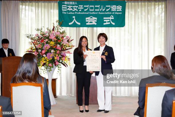 Kcie Komoto of USA holds the certification during Japanese LPGA New Professional Golfers Welcome Ceremony at Cherry Hills Golf Club on July 28, 2018...