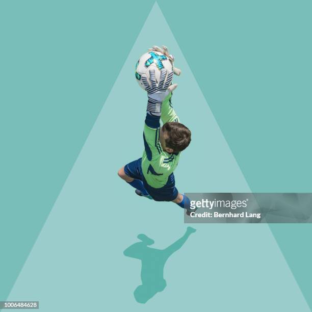 goalie jumping to catch ball, elevated view - doelman stockfoto's en -beelden