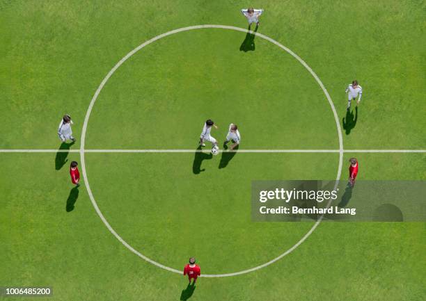 kick-off on soccer field, aerial view - soccer germany stock pictures, royalty-free photos & images