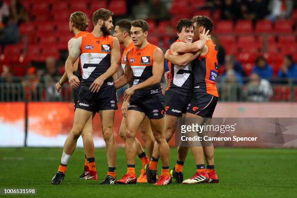 Brent Daniels of the Giants celebrates kicking a goal during the round 19 AFL match between the Greater Western Sydney Giants and the St Kilda Saints...