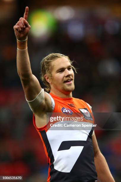 Harrison Himmelberg of the Giants celebrates kicking a goal during the round 19 AFL match between the Greater Western Sydney Giants and the St Kilda...