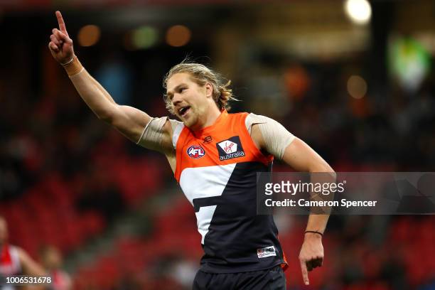 Harrison Himmelberg of the Giants celebrates kicking a goal during the round 19 AFL match between the Greater Western Sydney Giants and the St Kilda...