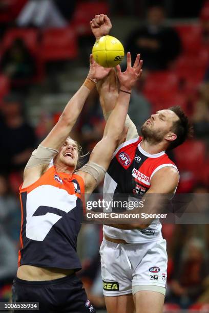 Harrison Himmelberg of the Giants attempts to mark during the round 19 AFL match between the Greater Western Sydney Giants and the St Kilda Saints at...