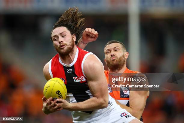 Jack Steven of the Saints marks during the round 19 AFL match between the Greater Western Sydney Giants and the St Kilda Saints at Spotless Stadium...