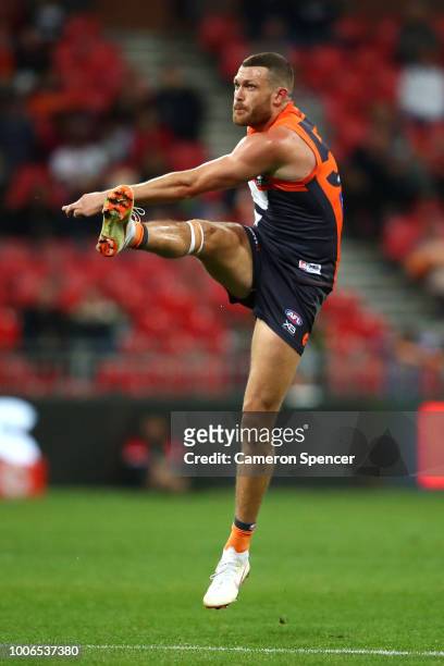 Sam Reid of the Giants kicks during the round 19 AFL match between the Greater Western Sydney Giants and the St Kilda Saints at Spotless Stadium on...