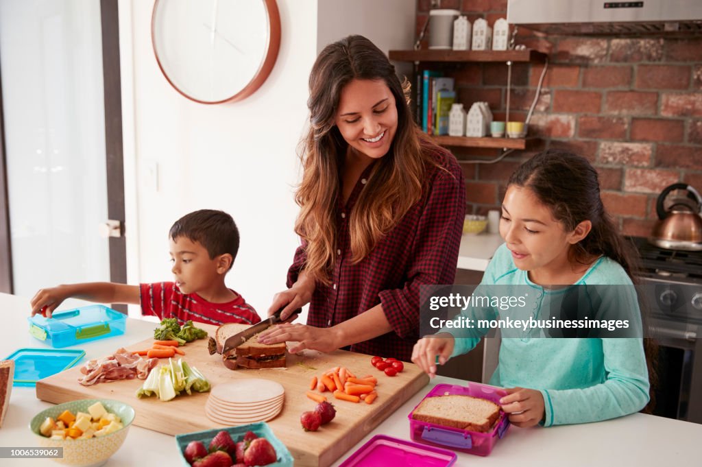 Children Helping Mother To Make School Lunches In Kitchen At Home