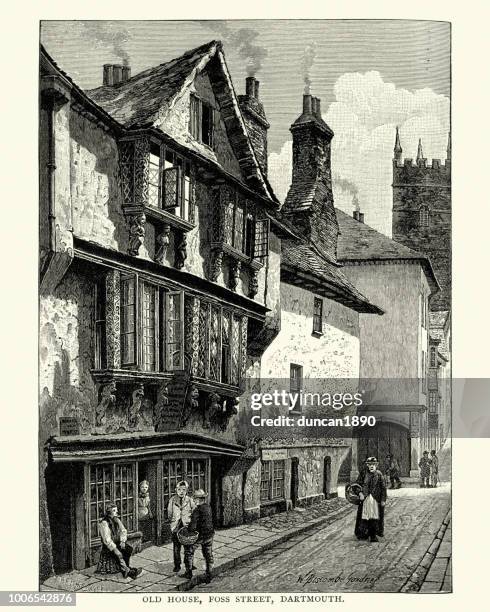 old house, foss street, dartmouth, devon, england 19th century - dartmouth devon stock illustrations