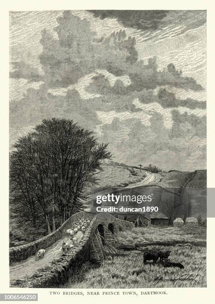 two bridges, dartmoor, devon, 19th centurydevon, 19th century - dartmoor stock illustrations