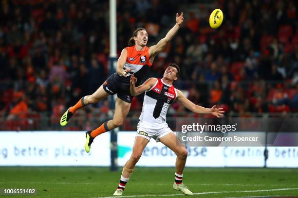 Phil Davis of the Giants attempts to mark during the round 19 AFL match between the Greater Western Sydney Giants and the St Kilda Saints at Spotless...
