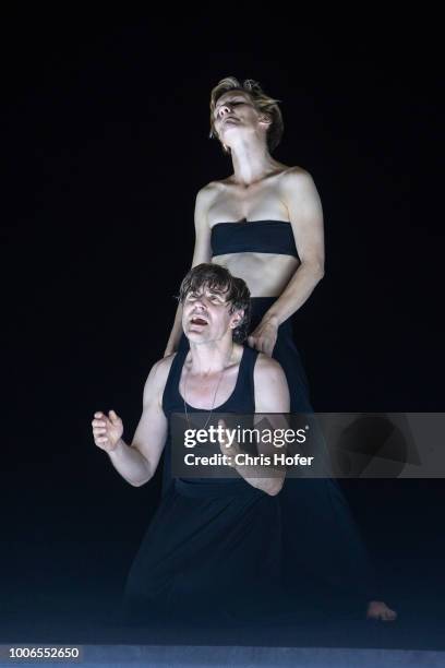 Sandra Hueller and Jens Harzer during the rehearsal of 'Penthesilea' for the Salzburg Festival 2018 at Salzburg State Theatre on July 27, 2018 in...