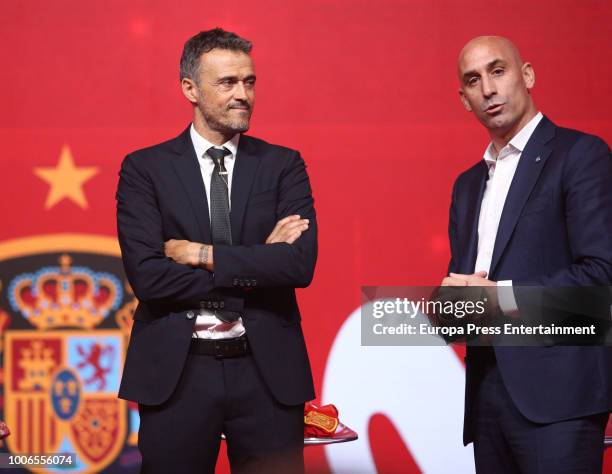 Luis Enrique Martinez looks on next to Luis Manuel Rubiales , President of Spanish Royal Football Federation during Luis Enrique Martinez...