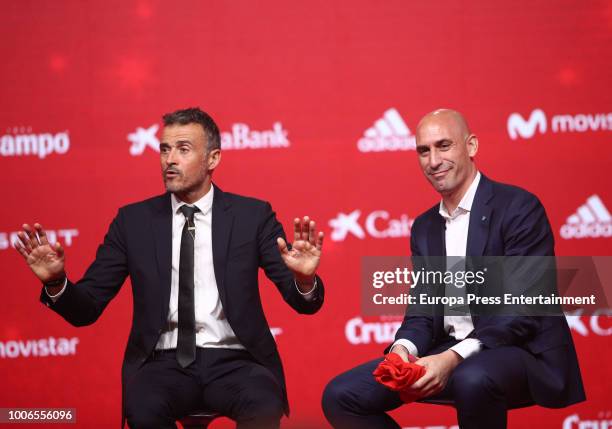 Luis Enrique Martinez looks on next to Luis Manuel Rubiales , President of Spanish Royal Football Federation during Luis Enrique Martinez...