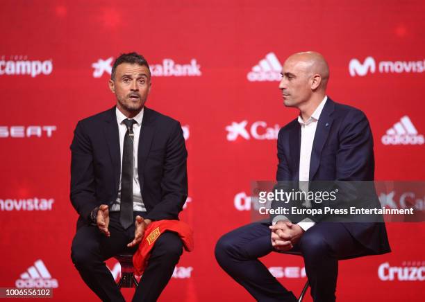 Luis Enrique Martinez looks on next to Luis Manuel Rubiales , President of Spanish Royal Football Federation during Luis Enrique Martinez...