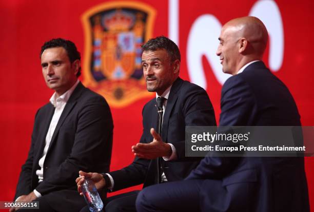 Luis Enrique Martinez looks on next to Luis Manuel Rubiales , President of Spanish Royal Football Federation and Jose Francisco Molina during Luis...