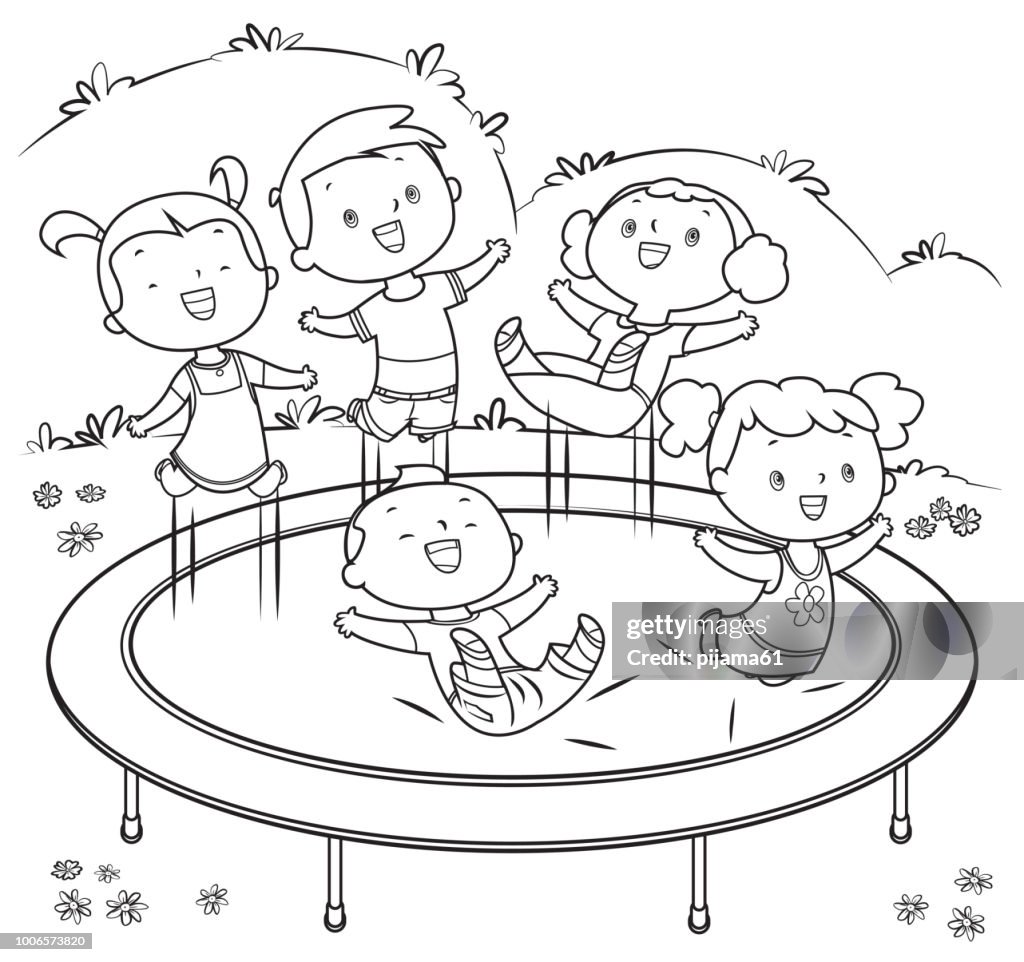 Coloring Book, Kids jumping on trampoline