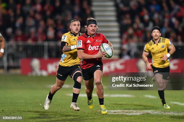 George Bridge of the Crusaders charges forward during the Super Rugby Semi Final match between the Crusaders and the Hurricanes at AMI Stadium on...