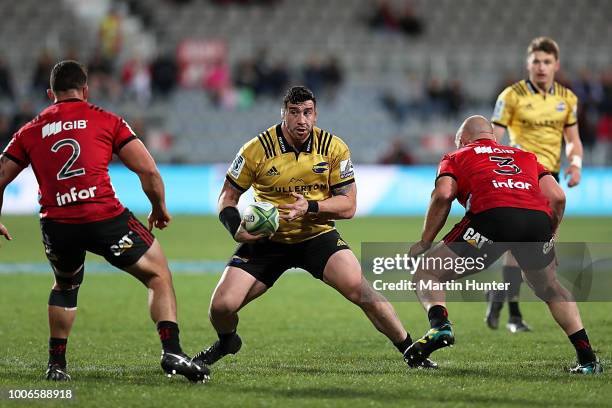 Jeff Toomaga-Allen of the Hurricanes makes a break during the Super Rugby Semi Final match between the Crusaders and the Hurricanes at AMI Stadium on...