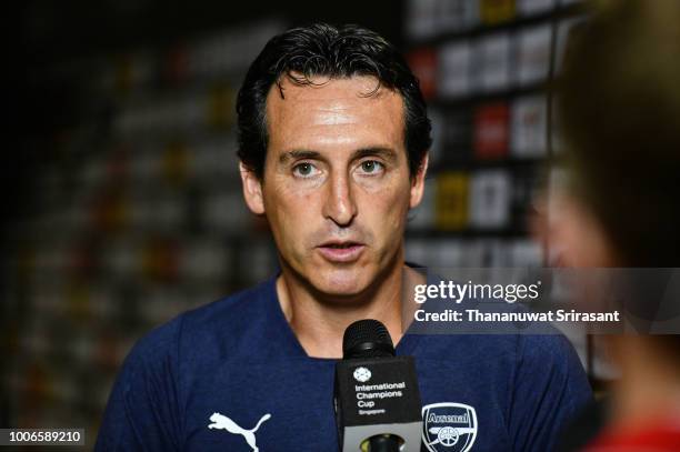 Unai Emery head coach of Arsenal interviews during the International Champions Cup match between Arsenal and Paris Saint Germain at the National...