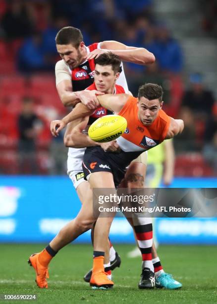 Josh Kelly of the Giants competes for the ball during the round 19 AFL match between the Greater Western Sydney Giants and the St Kilda Saints at...