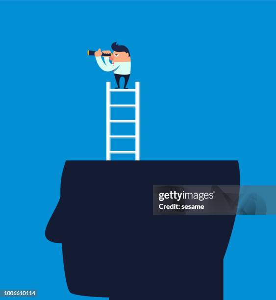 businessman climbs out of the brain with a ladder - crazy scientist stock illustrations