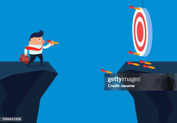 businessman shooting darts across the cliff - arrow missing target stock illustrations