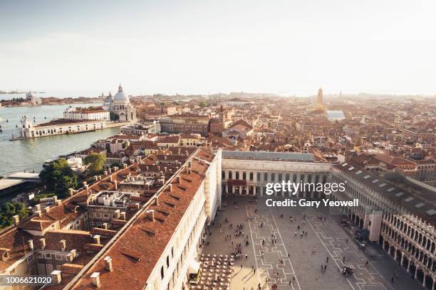 aerial view over st mark's square and venice rooftops - saint mark stock pictures, royalty-free photos & images