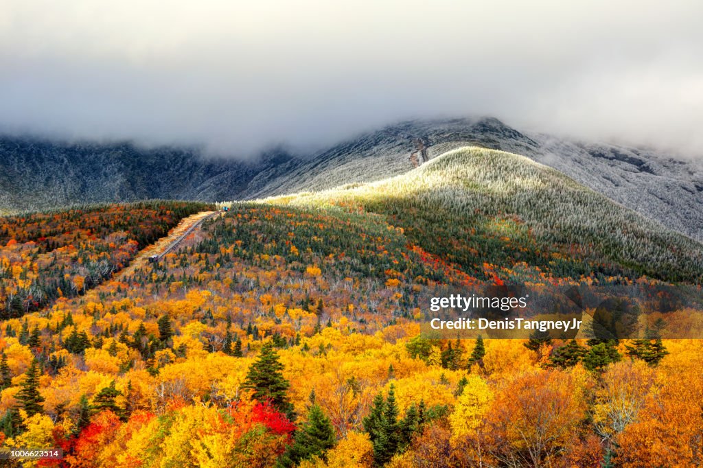 Autumn foliage and snow on the slopes of Mount Washington