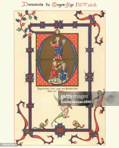 ilustraciones, imágenes clip art, dibujos animados e iconos de stock de ejemplos de artes decorativas medievales de manuscritos iluminados del siglo xiii - manuscrito