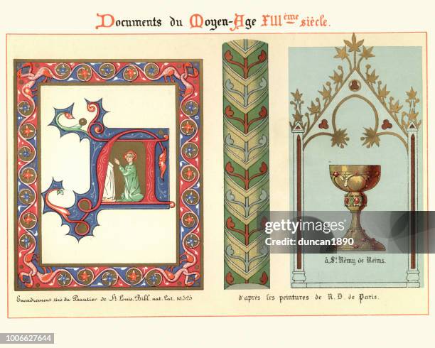 examples of medieval decorative art from illuminated manuscripts 13th century - medieval-illuminated-letter stock illustrations