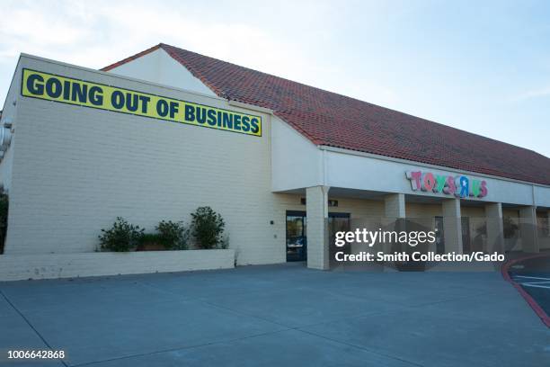 Facade of Toys R Us store in Dublin, California with sign reading Going Out of Business following the toy retailer's bankruptcy, July 23, 2018.