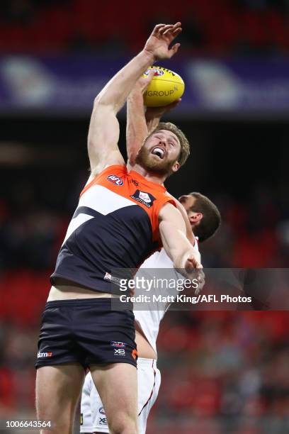 Dawson Simpson of the Giants competes for the ball during the round 19 AFL match between the Greater Western Sydney Giants and the St Kilda Saints at...