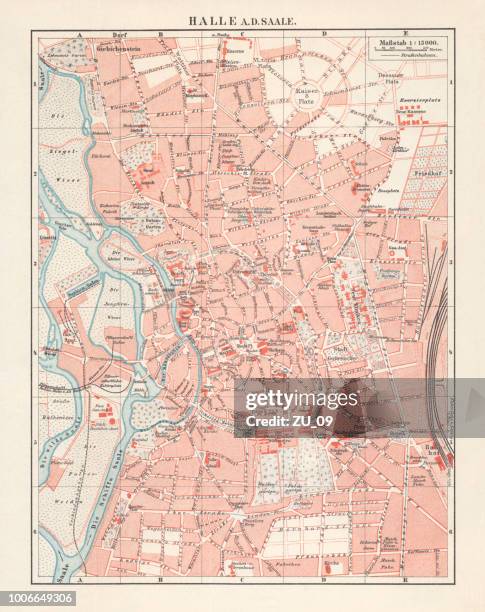 stadtplan von halle (saale), sachsen-anhalt, deutschland, lithographie, veröffentlicht im jahre 1897 - halle an der saale stock-grafiken, -clipart, -cartoons und -symbole