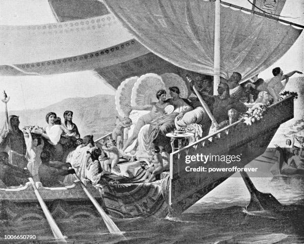 stockillustraties, clipart, cartoons en iconen met marc antony ontsnapt aan boord van cleopatra's schip - queen cleopatra vii of egypt