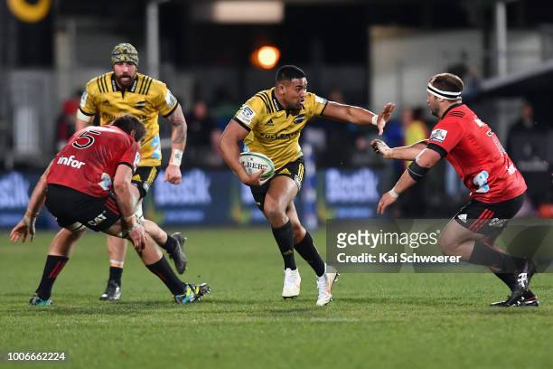 Julian Savea of the Hurricanes charges forward during the Super Rugby Semi Final match between the Crusaders and the Hurricanes at AMI Stadium on...