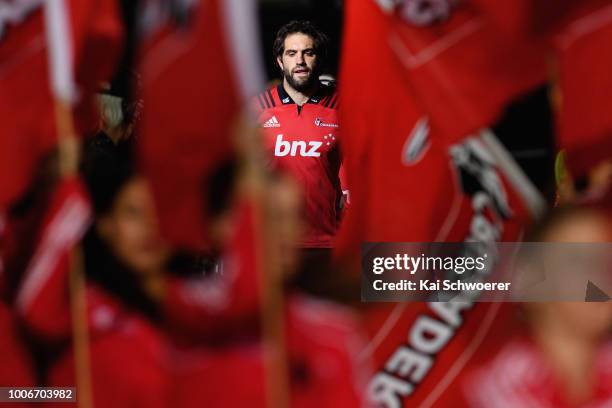 Captain Samuel Whitelock of the Crusaders leads his team onto the field prior to the Super Rugby Semi Final match between the Crusaders and the...