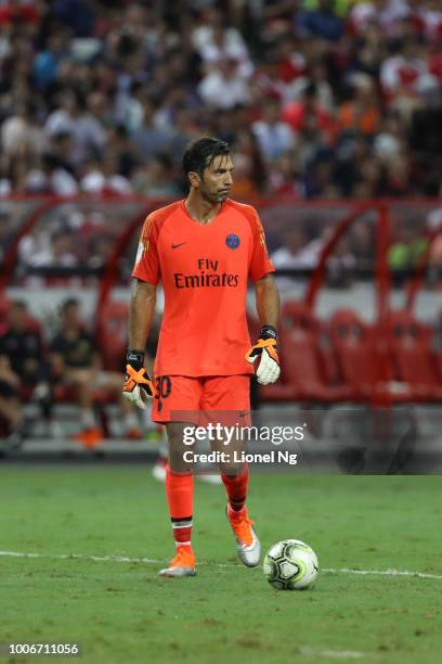 Gianluigi Buffon of Paris Saint Germain controls the ball during the International Champions Cup match between Arsenal and Paris Saint Germain at the...