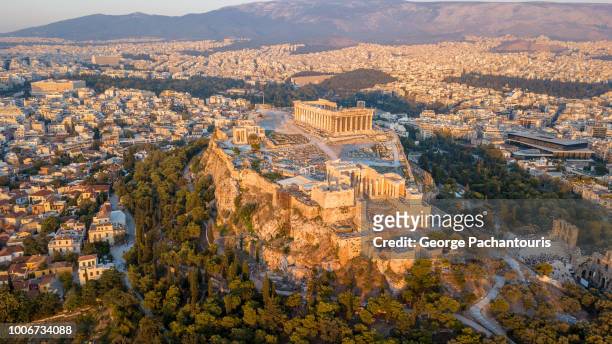 acropolis of athens from a drone - athens - greece stock-fotos und bilder