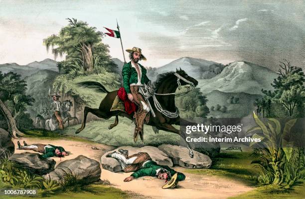 View of a Mexican guerrillero, active during the Mexican-American War, riding on horseback, Mexico, 1848. Other guerrilleros ride behind him, while...