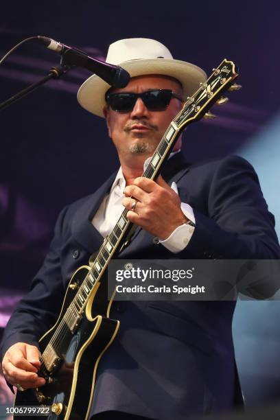 Huey Morgan of the Fun Loving Criminals performing on the main stage during Kendal Calling 2018 at Lowther Deer Park on July 28, 2018 in Kendal,...