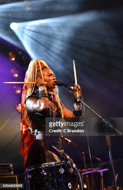 Dobet Gnahore performs on stage during Day 3 of the Womad Festival 2018 at Charlton Park on July 28, 2018 in Wiltshire, England.