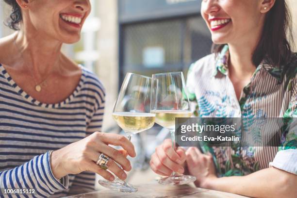 moeder en volwassen dochter tijd samen doorbrengen - wijn drinken stockfoto's en -beelden
