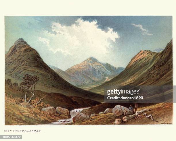 glen sannox, isle of arran, schottland, 19. jahrhundert - mountain range stock-grafiken, -clipart, -cartoons und -symbole