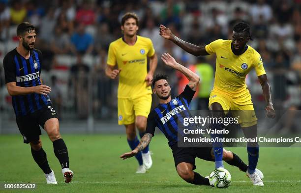 Tiemoue Bakayoko of Chelsea makes a break past Matteo Politano of FC Internazionale during the International Champions Cup 2018 match between Chelsea...