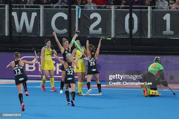 Olivia Merry of New Zealand celebrates scoring their first goal during the Pool D game between New Zealand and Australia of the FIH Womens Hockey...